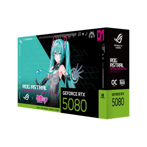 כרטיס מסך ROG Astral GeForce RTX 5080 מהדורת Hatsune Miku עם ארבעה מאווררים וקירור Vapor Chamber.