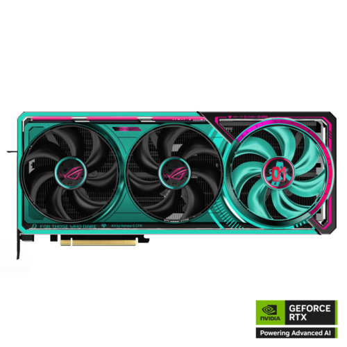 כרטיס מסך ROG Astral GeForce RTX 5080 מהדורת Hatsune Miku עם ארבעה מאווררים וקירור Vapor Chamber.