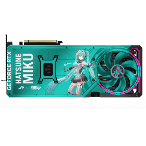 כרטיס מסך ROG Astral GeForce RTX 5080 מהדורת Hatsune Miku עם ארבעה מאווררים וקירור Vapor Chamber.