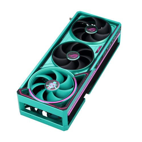 כרטיס מסך ROG Astral GeForce RTX 5080 מהדורת Hatsune Miku עם ארבעה מאווררים וקירור Vapor Chamber.