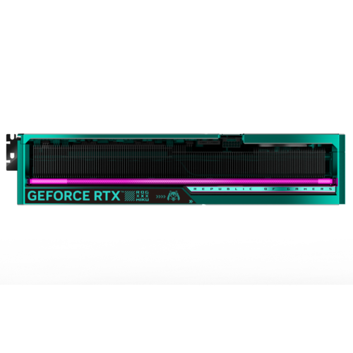 כרטיס מסך ROG Astral GeForce RTX 5080 מהדורת Hatsune Miku עם ארבעה מאווררים וקירור Vapor Chamber.