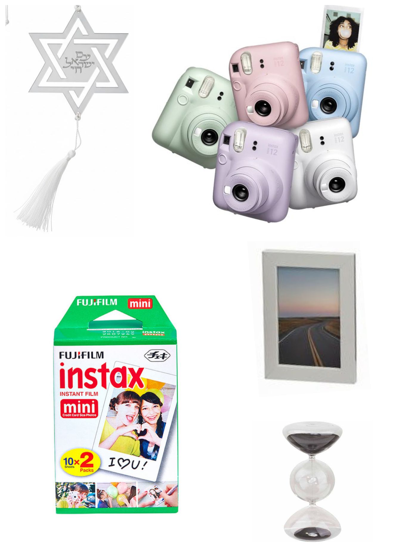 מארז מתנה אישי של פוטו נגבה - מצלמת פיתוח מיידי + סרט צילום + תליון + מסגרת + שעון חול