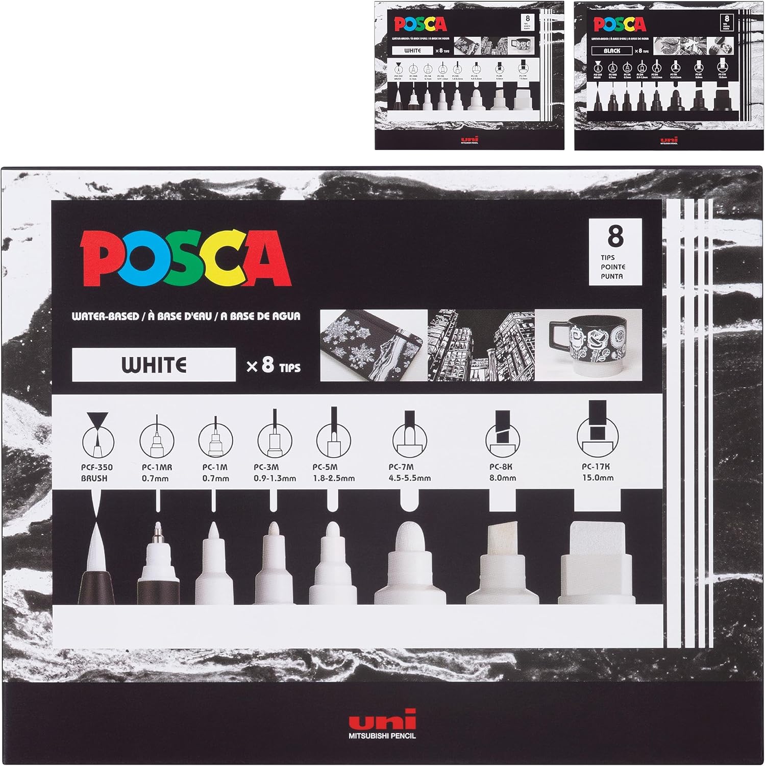 חדש! סט 8 טושי פוסקה לבנים במגוון גדלים  Posca  PC-MIX WHITE