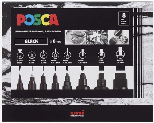חדש! סט 8 טושי פוסקה שחורים במגוון גדלים  Posca  PC-MIX BLACK
