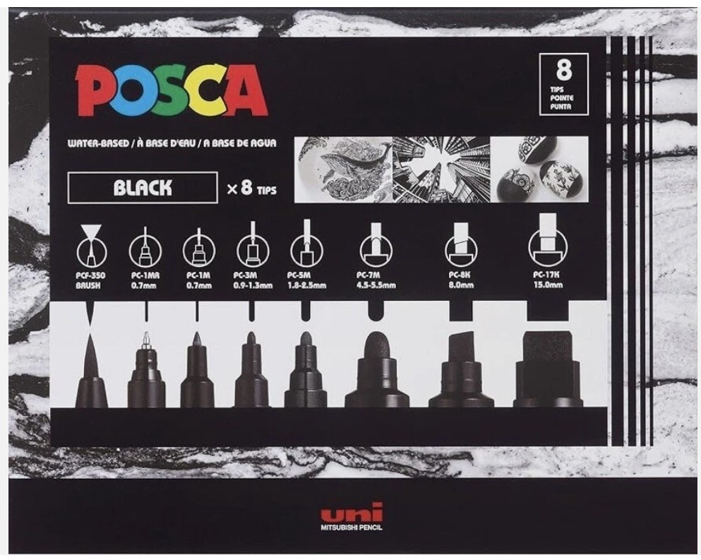 חדש! סט 8 טושי פוסקה שחורים במגוון גדלים  Posca  PC-MIX BLACK