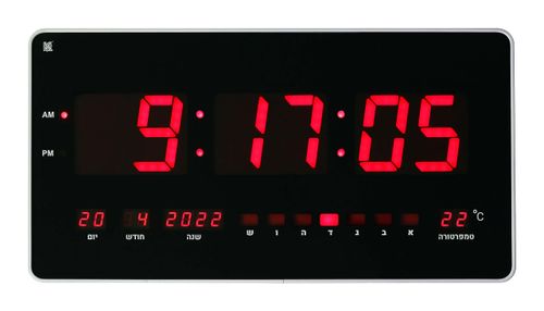 שעון קיר דיגיטלי לד LED דגם טוקיו תצוגה בעברית כולל מד טמפרטורה Kdigital GF9595 + מעמד שולחני