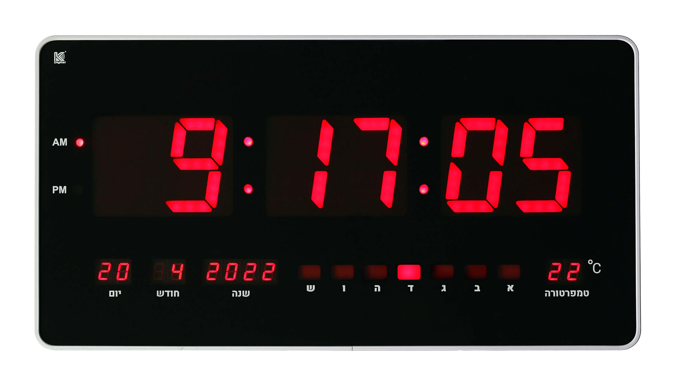 שעון קיר דיגיטלי לד LED דגם טוקיו תצוגה בעברית כולל מד טמפרטורה Kdigital GF9595 + מעמד שולחני
