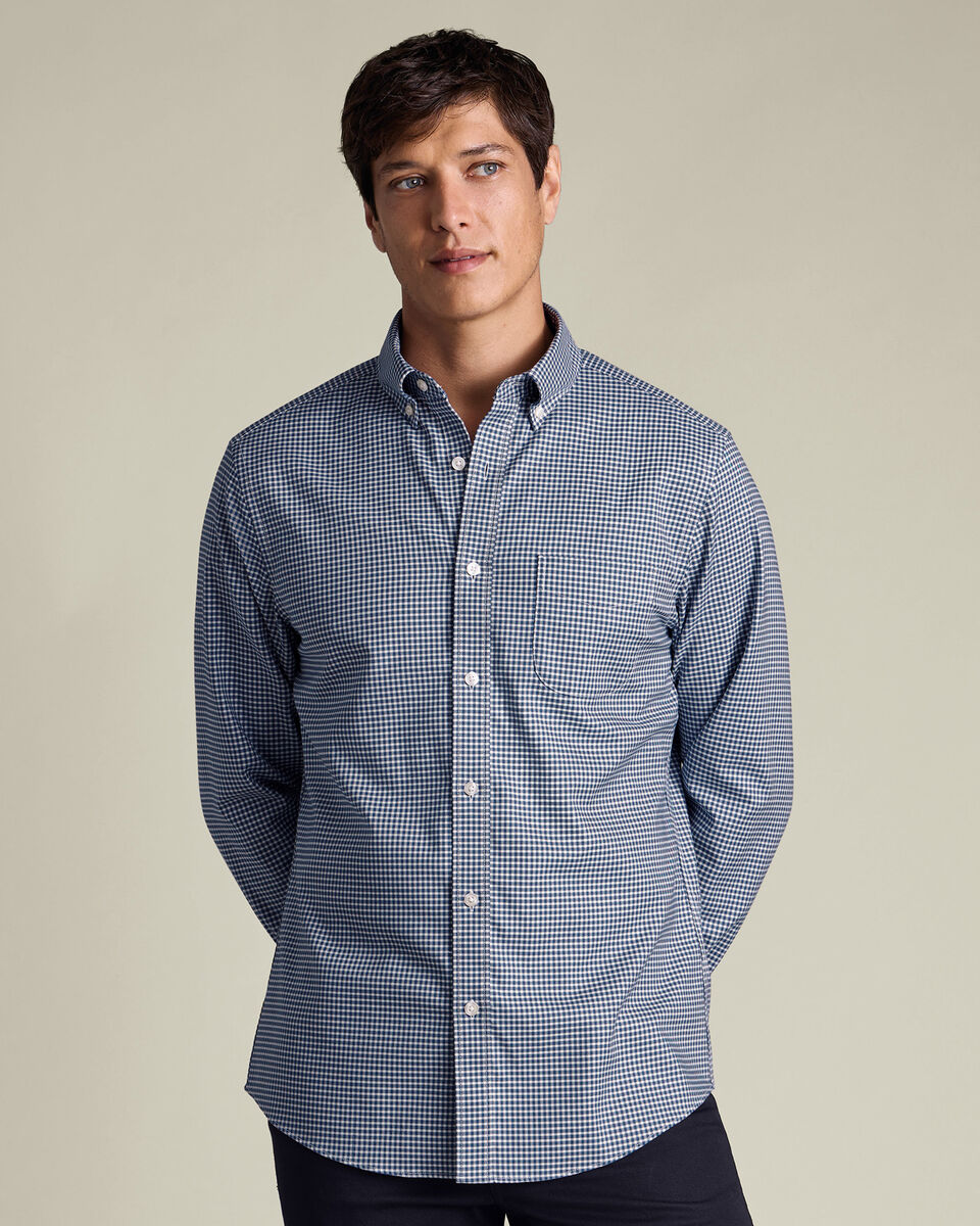 חולצה ללא צורך בגיהוץ גזרת סלים -Ink Blue Gingham Twill Slim Fit Shirt