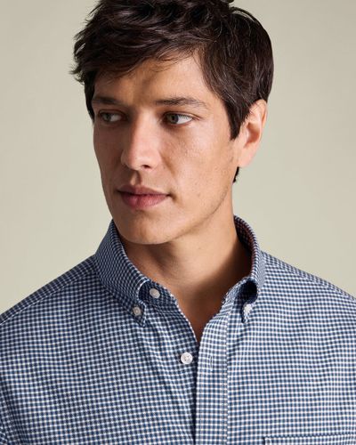 חולצה ללא צורך בגיהוץ קלאסיק -Ink Blue Gingham Twill Classic Fit Shirt