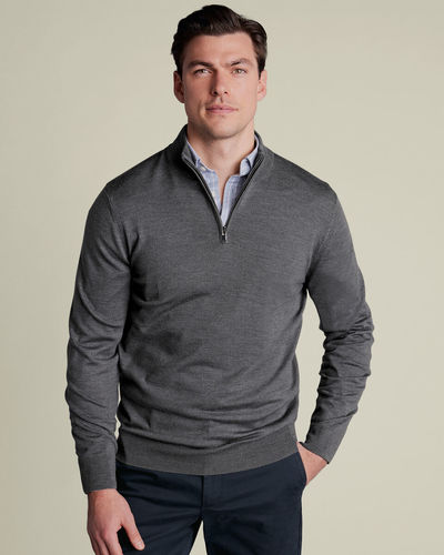 סוודר צמר רוכסן - Grey Pure Merino Zip Neck Jumper