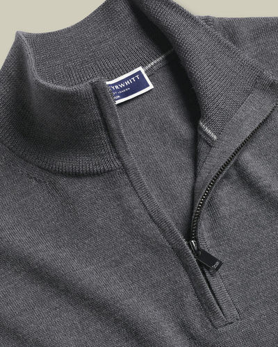 סוודר צמר רוכסן - Grey Pure Merino Zip Neck Jumper