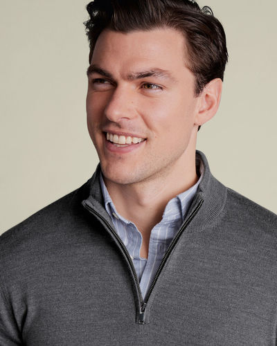 סוודר צמר רוכסן - Grey Pure Merino Zip Neck Jumper