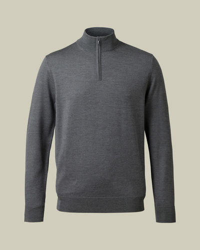 סוודר צמר רוכסן - Grey Pure Merino Zip Neck Jumper