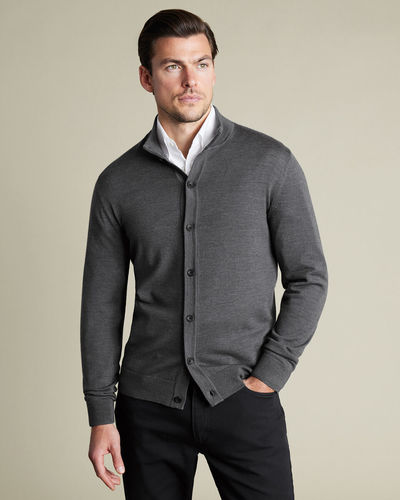 סוודר צמר מרינו עם כפתורים צבע אפור - Grey Button Through Funnel Neck Cardigan