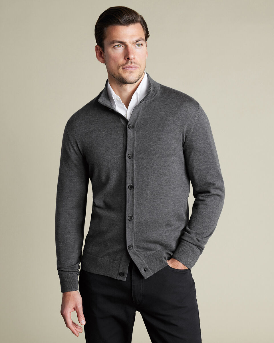 סוודר צמר מרינו עם כפתורים צבע אפור - Grey Button Through Funnel Neck Cardigan