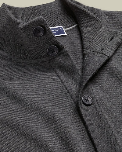 סוודר צמר מרינו עם כפתורים צבע אפור - Grey Button Through Funnel Neck Cardigan