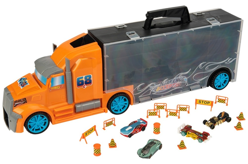 משאית הובלת מכוניות Transporter 65 עם ידית נשיאה, 4 מכוניות משחק ושלל שלטי דרך