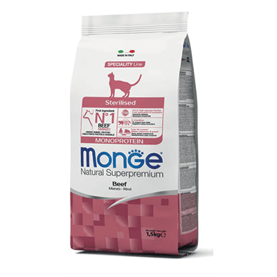 אוכל לחתולים מונג' מונו אדולט בקר סטרילייז 1.5 ק