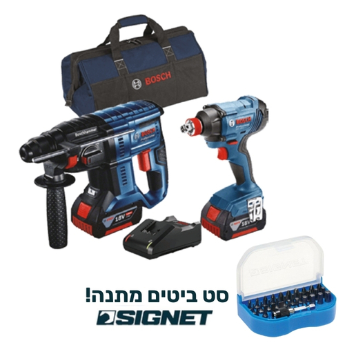 מבצע בוש 2 כלים בראשלס - פטישון 18V-22 + אימפקט/מפתח 18V-285 כולל מטען+2 סוללות 4A וסט ביטים סיגנט במתנה!