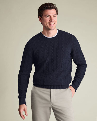 סוודר צמר מרינו-  Navy Cable Merino Crew Neck Jumper