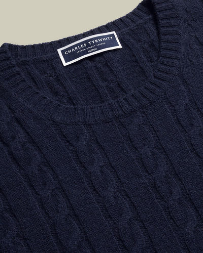 סוודר צמר מרינו-  Navy Cable Merino Crew Neck Jumper
