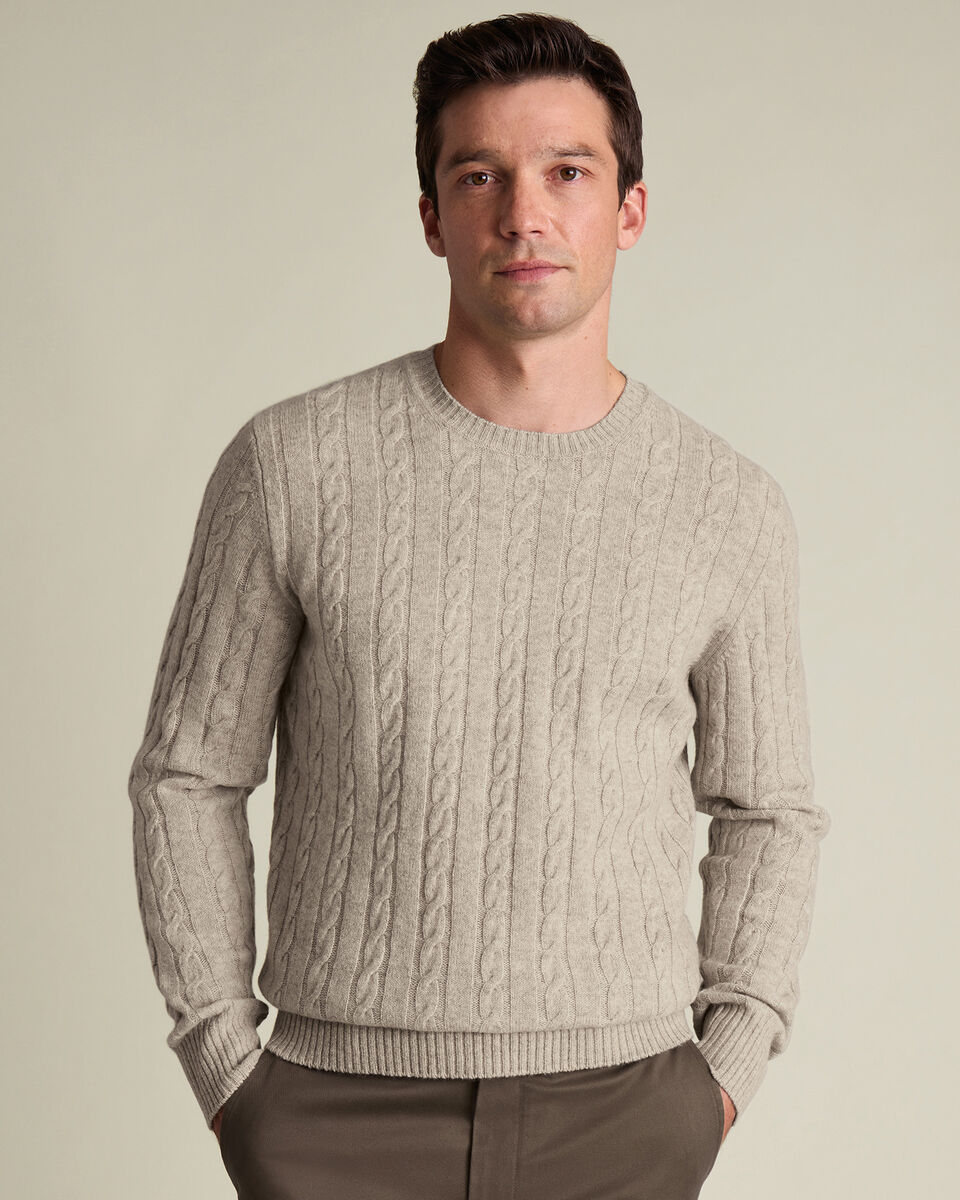 סוודר צמר מרינו-  Oatmeal Cable Merino Crew Neck Jumper