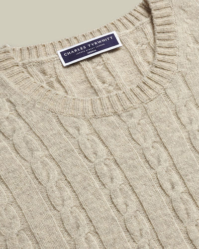 סוודר צמר מרינו-  Oatmeal Cable Merino Crew Neck Jumper