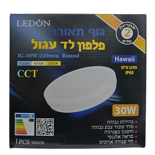 פלפון עגול מוגן IP65 40W לבן Ledon Hawaii 30cm CCT