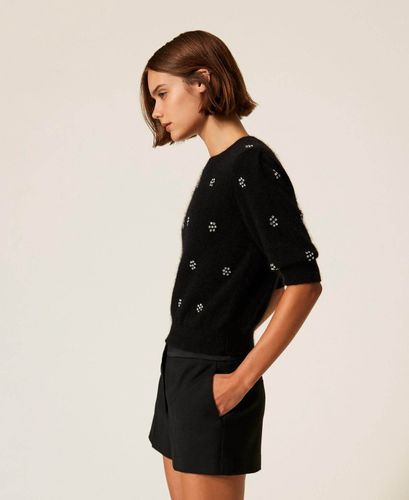 Angora blend jumper with embroidery - color classic blue