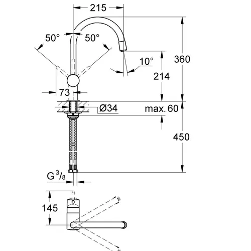 ברז מטבח נשלף גרואה מינטה 32321002 כרום מותקן על שיש במטבח מודרני.