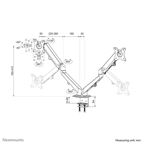 זרוע שולחנית לשני מסכי מחשב Neomounts DS70-700BL2