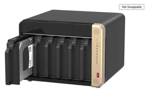 QNAP TS-664 NAS עם 6 כונני אחסון, שני חיבורי 2.5GbE, תמיכה ב־M.2 NVMe ומעבד ארבע־ליבות לביצועים גבוהים וגמישות מקסימלית.
