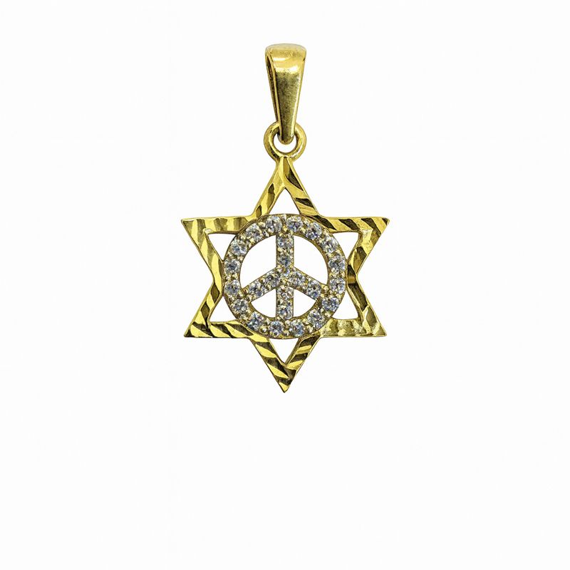 תליון מגן דוד עם סמל שלום משובץ זרקונים – זהב צהוב 14 קראט