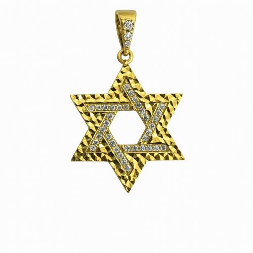 תליון מגן דוד משובץ זרקונים וחיתוכי לייזר – זהב צהוב 14 קראט
