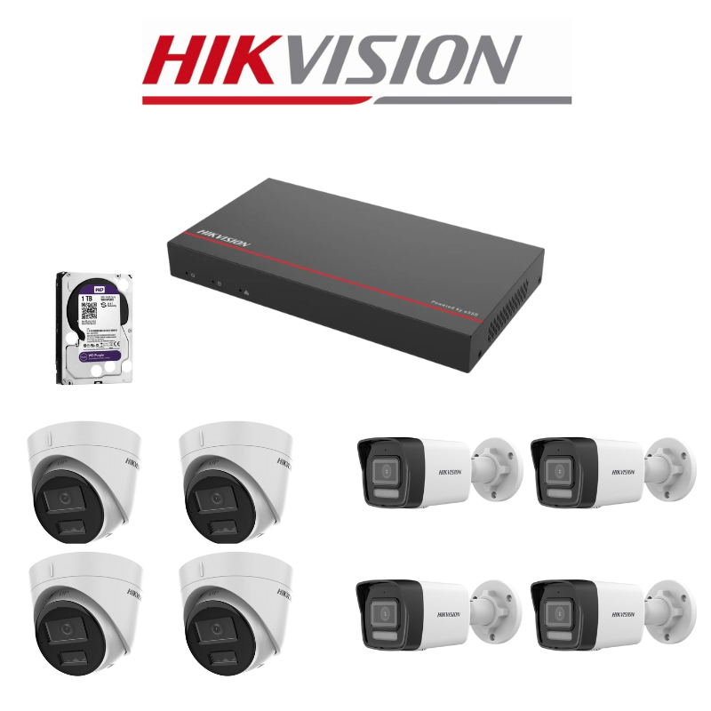 קיט מצלמות אבטחה IP - מערכת הקלטה POE מובנה + 8 מצלמות IP ColorView 4MP מבית HikVision