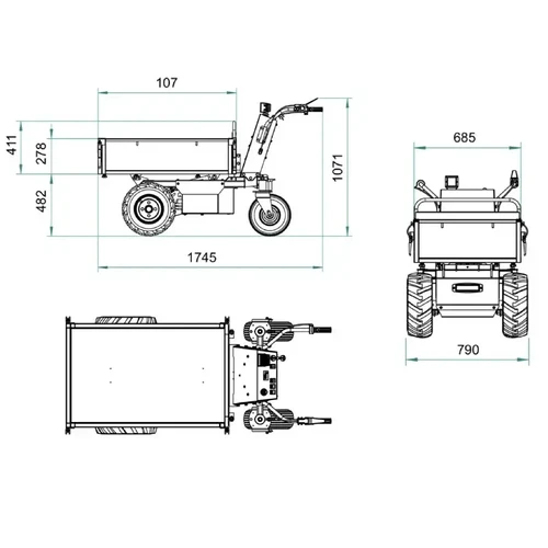 שרטוט טכני מבט עליון וצד של מריצה חשמלית DELEKS XE500HF מבט עליון וצידי של מריצה חשמלית לגינה ולבנייה, כולל פריסת גלגלים ומידות כלליות.