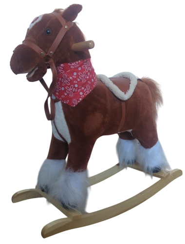 סוס נדנדה גדול עשוי עץ ובד עם אפקטים קוליים של דהירה וצהלות סוס (חום בהיר או כהה)