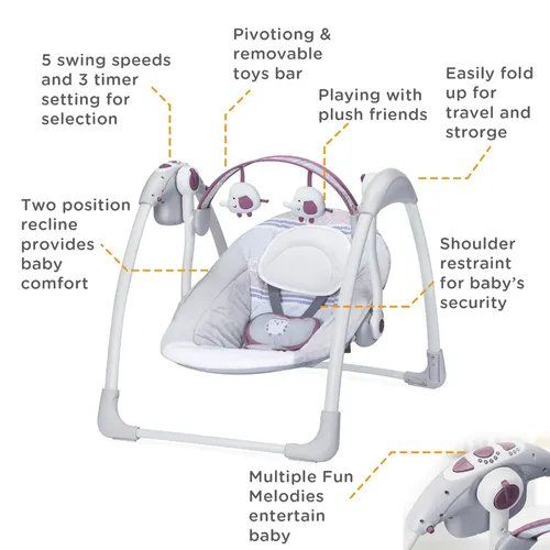נדנדה חשמלית מתקפלת לתינוק עם 2 מצבי שכיבה, מנגינות, 5 מהירויות וקשת צעצועים - בז'