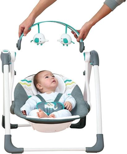 נדנדה חשמלית מתקפלת לתינוק עם 2 מצבי שכיבה, מנגינות, 5 מהירויות וקשת צעצועים - בז'