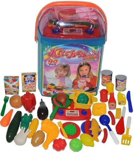 דלי פלסטיק גדול עם 90 אביזרי מטבח לילדים