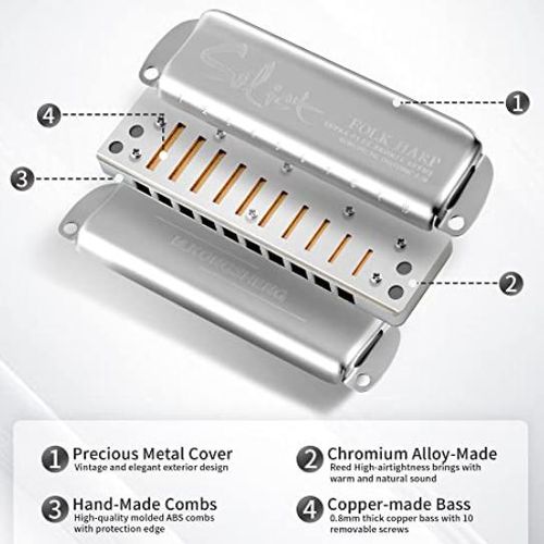 מפוחית דיאטונית KONGSHENG Solist Folk Harp - מבט על רקע לבן מציג עיצוב כפרי רטרו עם לוחות כיסוי נירוסטה מטופלים ומסרק אלומיניום איכותי