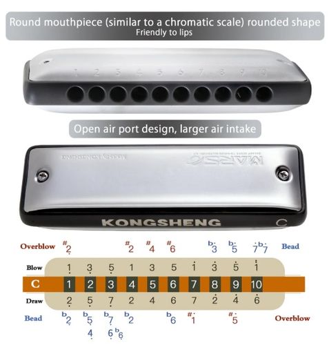 מפוחית דיאטונית KONGSHENG Mars M1 דגם M1 - מבט על רקע לבן מציג עיצוב פלסטיק חלק עם כיסוי נירוסטה ו-10 חורים עגולים למתחילים ומקצוענים