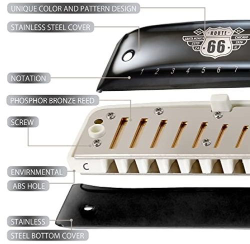 מפוחית בלוז Kongsheng Route 66 - מפוחית דיאטונית 10 חורים עם לשוניות ברונזה פוספורית ועיצוב ארגונומי מעוגל לנוחות מקסימלית