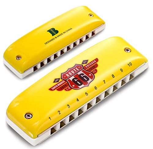 מפוחית בלוז דיאטונית צהובה Kongsheng Route 66 - עיצוב ארגונומי מעוגל עם כיסוי קרמי ולשוניות ברונזה פוספורית לנגינה מקצועית