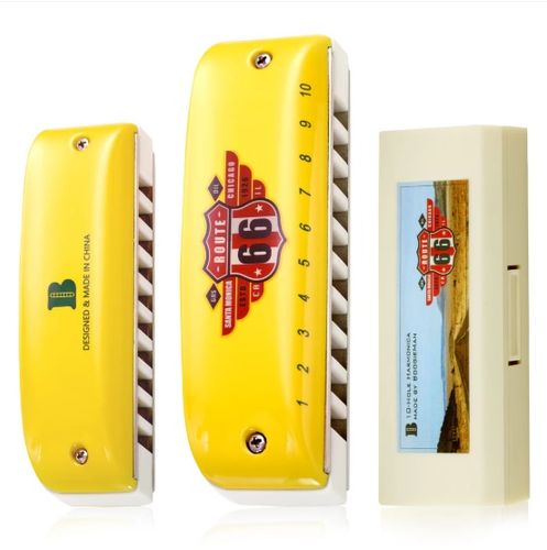 מפוחית בלוז דיאטונית צהובה Kongsheng Route 66 - עיצוב ארגונומי מעוגל עם כיסוי קרמי ולשוניות ברונזה פוספורית לנגינה מקצועית