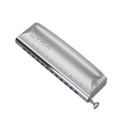 מפוחית כרומטית KONGSHENG Lyra Silver - מבט על רקע לבן המציג את העיצוב המקצועי והגימור הכסוף המט לנגינה מקצועית