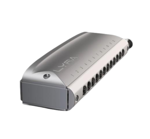 מפוחית כרומטית KONGSHENG Lyra Silver - מבט על רקע לבן המציג את העיצוב המקצועי והגימור הכסוף המט לנגינה מקצועית