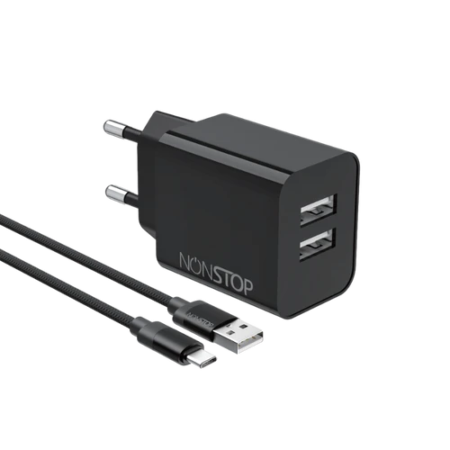 מטען קיר 2 יציאות NONSTOP PowerLine 15W USB + כבל USB-A ל-USB-C