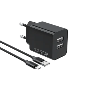 מטען קיר 2 יציאות NONSTOP PowerLine 15W USB + כבל USB-A ל-USB-C