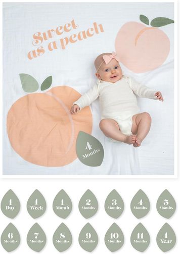 שמיכה 100% כותנה טטרה + 7 כרטיסיות גיל דו-צדדיות לצילום התינוק ולהנצחת Milestones - מתוק כמו אפרסק